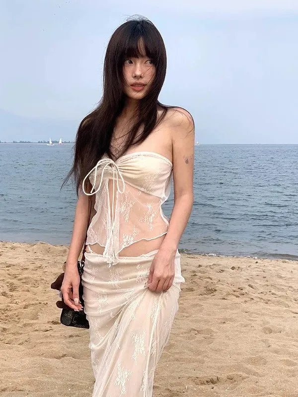 Summer Women's Clothing Sexy Lace Strapless Tankini Swimsuit Set For Woman Three Piece Bikini Sets Bathing Suit Milk Silk Aurexia off