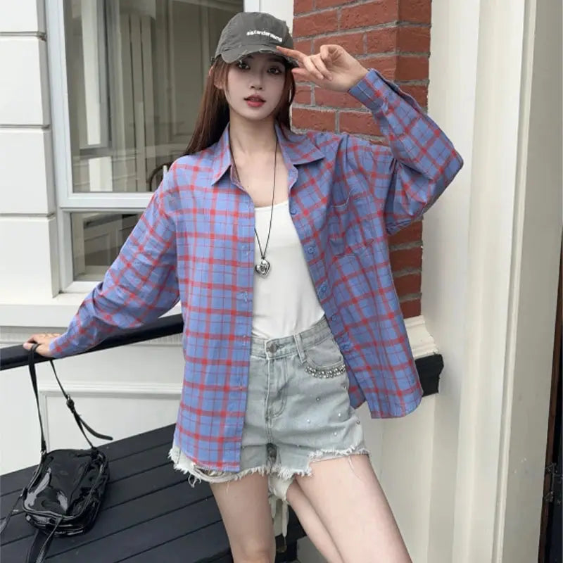 Korean-style Women's Pure Cotton Spring Long-sleeve Plaid Shirt Trendy Fashion Loose Casual College-style Shirt Aurexia off