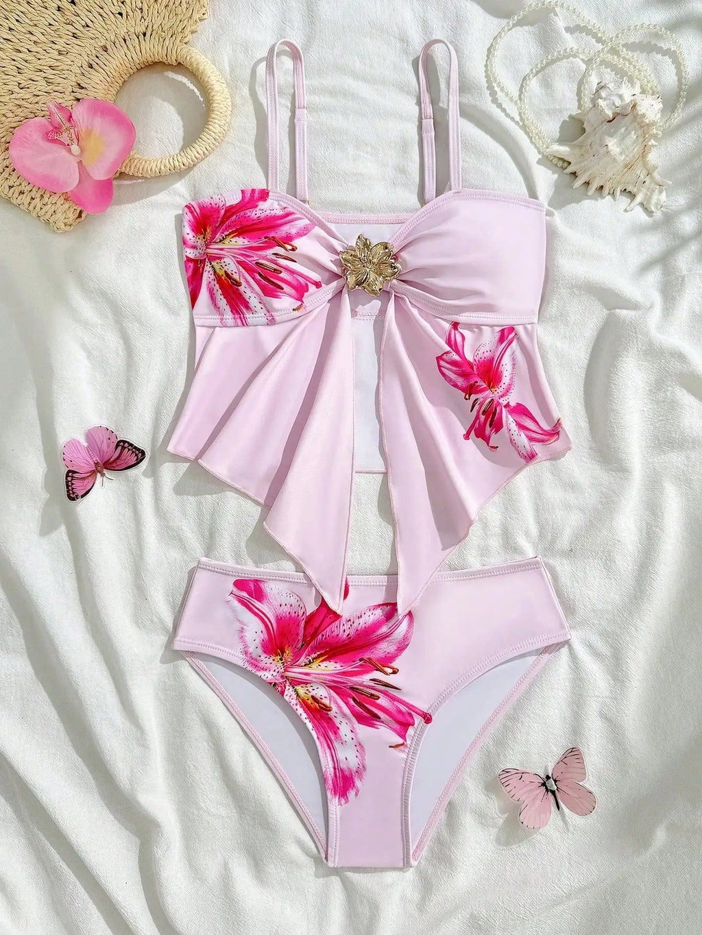 Pink Floral Print Bikini Set With Bow Detail Women's Two Piece Swimsuit For Beach And Pool Aurexia off