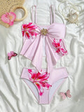 Pink Floral Print Bikini Set With Bow Detail Women's Two Piece Swimsuit For Beach And Pool Aurexia off