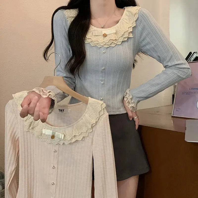 Women's 2026 Spring Autumn New Sweet Cute Lace Thin Short Slim Fit Crew Neck Long Sleeve T Shirt Base Top Aurexia off