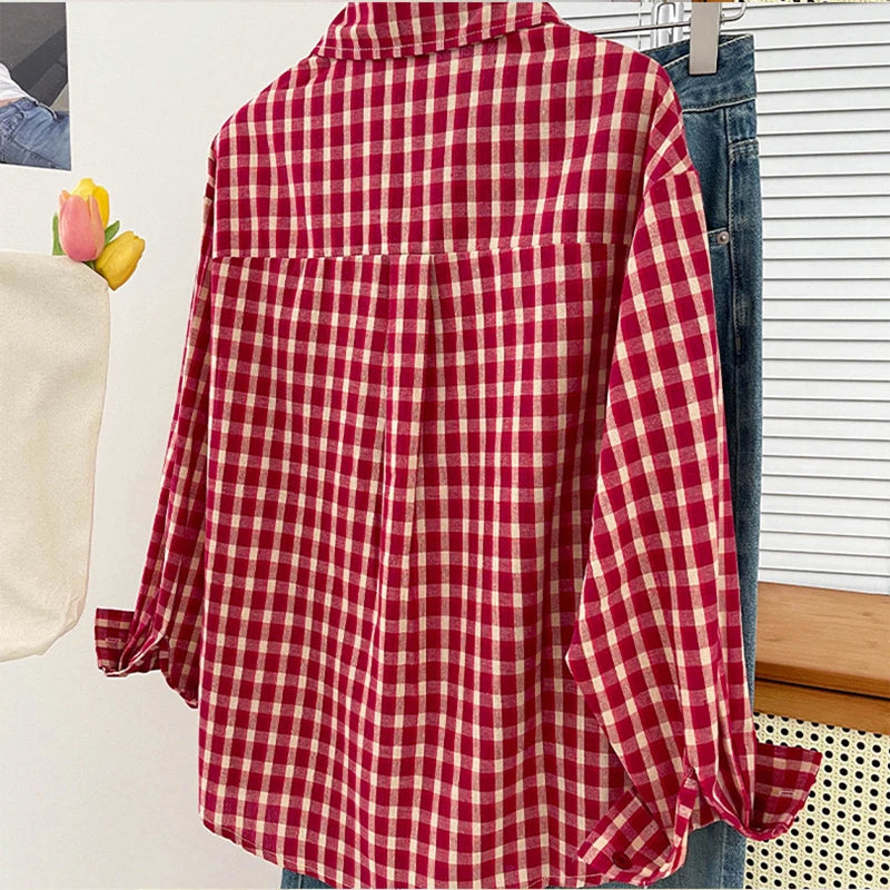 Korean-style Vintage Plaid Shirt New Spring And Autumn Casual Versatile Top Loose And Slimming Versatile College-style Shirt Aurexia off