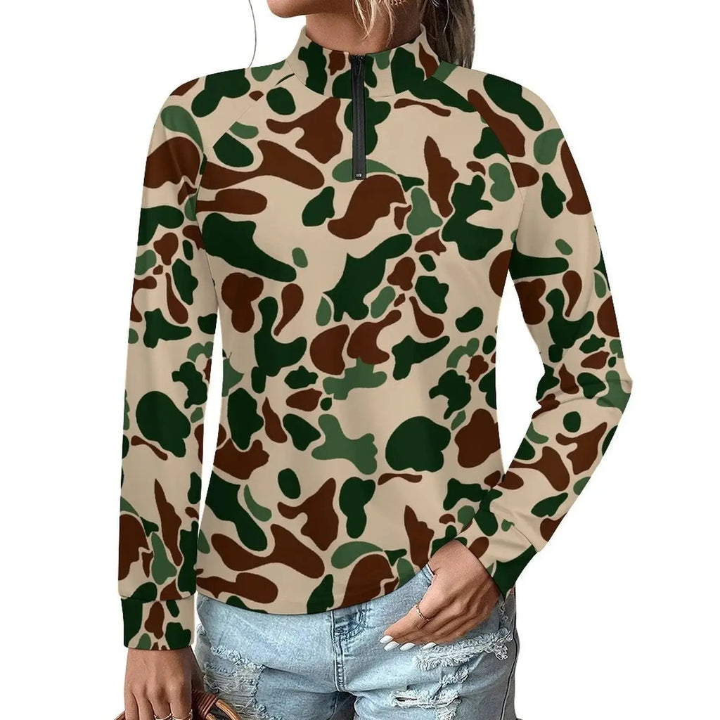 Hot Sale Custom Logo Fashion Ladies Form-fitting quick-drying clothes Snow Camo Print Zippered collar Long sleeves T-shirt Aurexia off