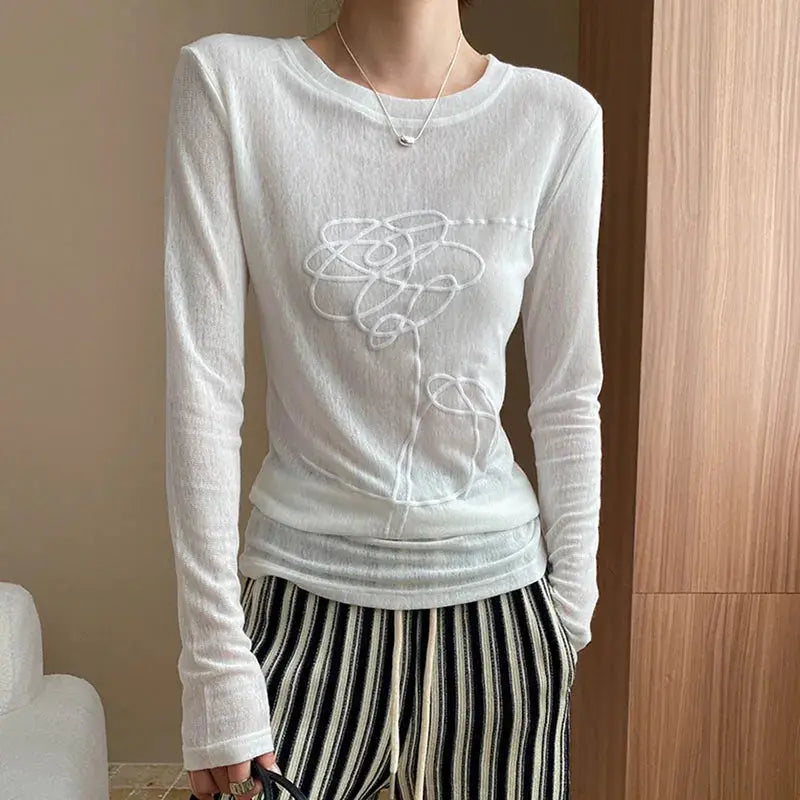 Women T-shirt Round Neck Three-dimensional Printed Pattern Slightly Transparent Solid Color Simple Versatile Long Sleeved Top Aurexia off