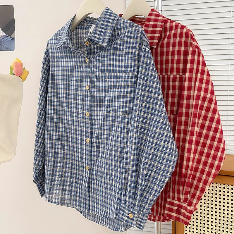 Korean-style Vintage Plaid Shirt New Spring And Autumn Casual Versatile Top Loose And Slimming Versatile College-style Shirt Aurexia off