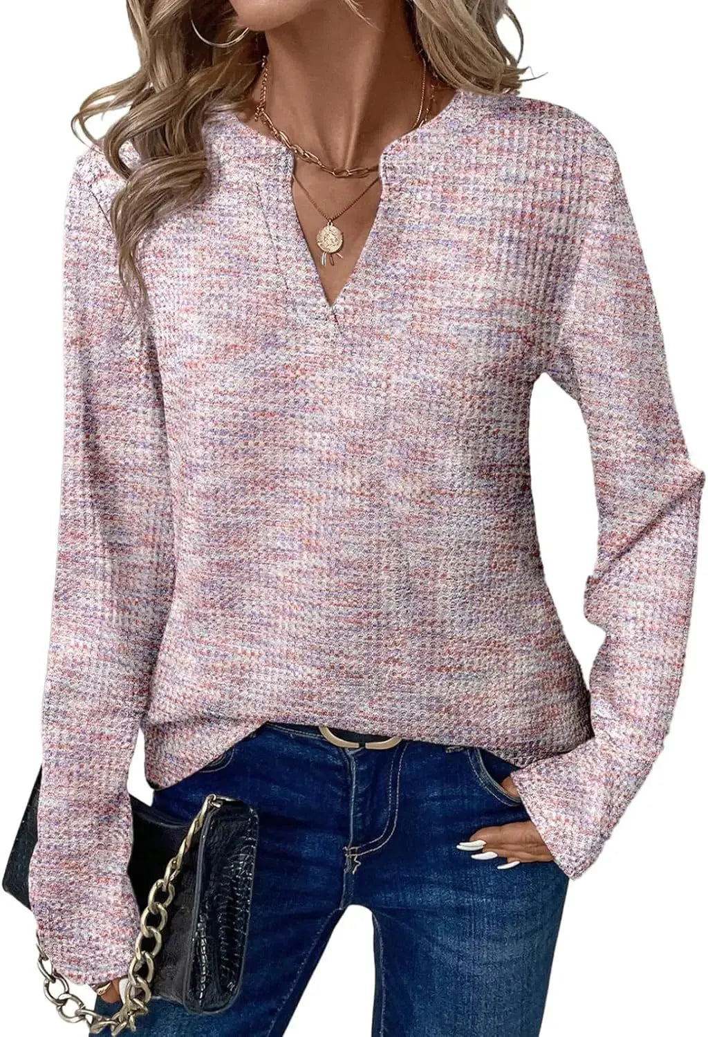 New Womens Notched V-Neck Long Sleeve Space Dye Waffle Knit Blouse Casual Loose Fit Top for Daily Wear Aurexia off