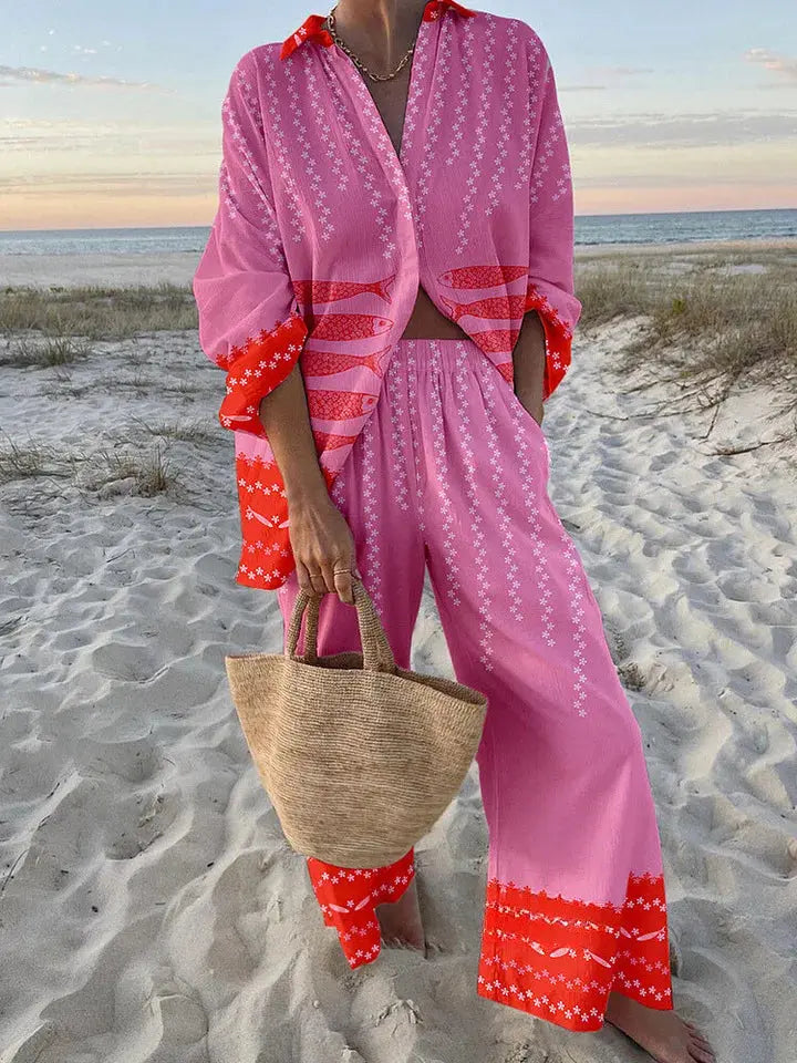 Funny Printed Loose Two Piece Set Women Tropical Beach Holiday Outfits 2024 Casual Lapel Button Shirt Wide Leg Pants Sets Aurexia off