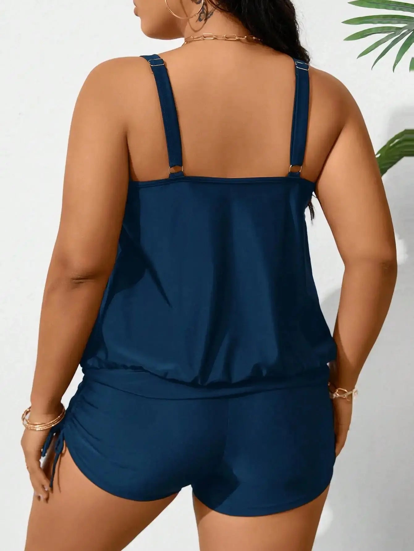 Plus Size Women Solid Color Round Neck Drawstring Ruched Tankini Swimsuit Set Aurexia off