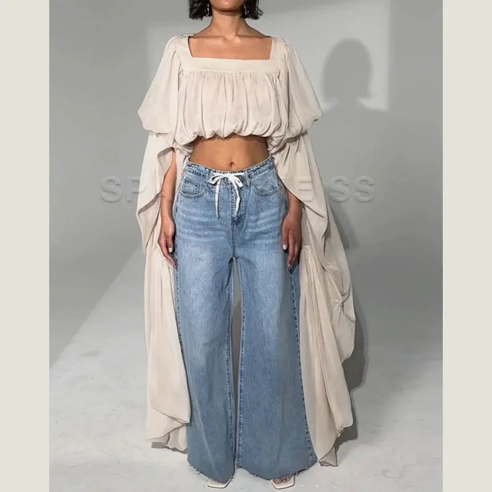 Women Chiffon Crop Top, Puff Long Sleeve Blouse, Square Neck Backless Tie Sheer Shirt for Party Nightclub Aurexia off