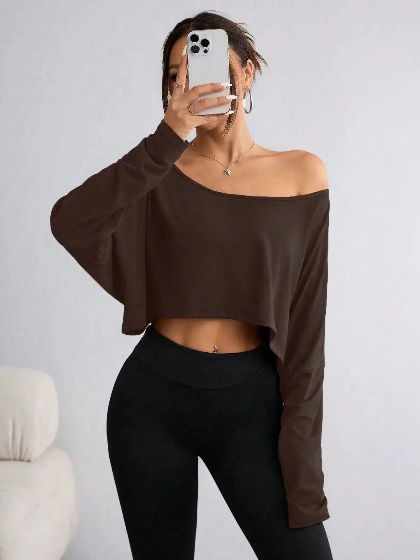 Women Casual Solid Batwing Cropped Off Shoulder T-Shirt Spring Autumn Aurexia off