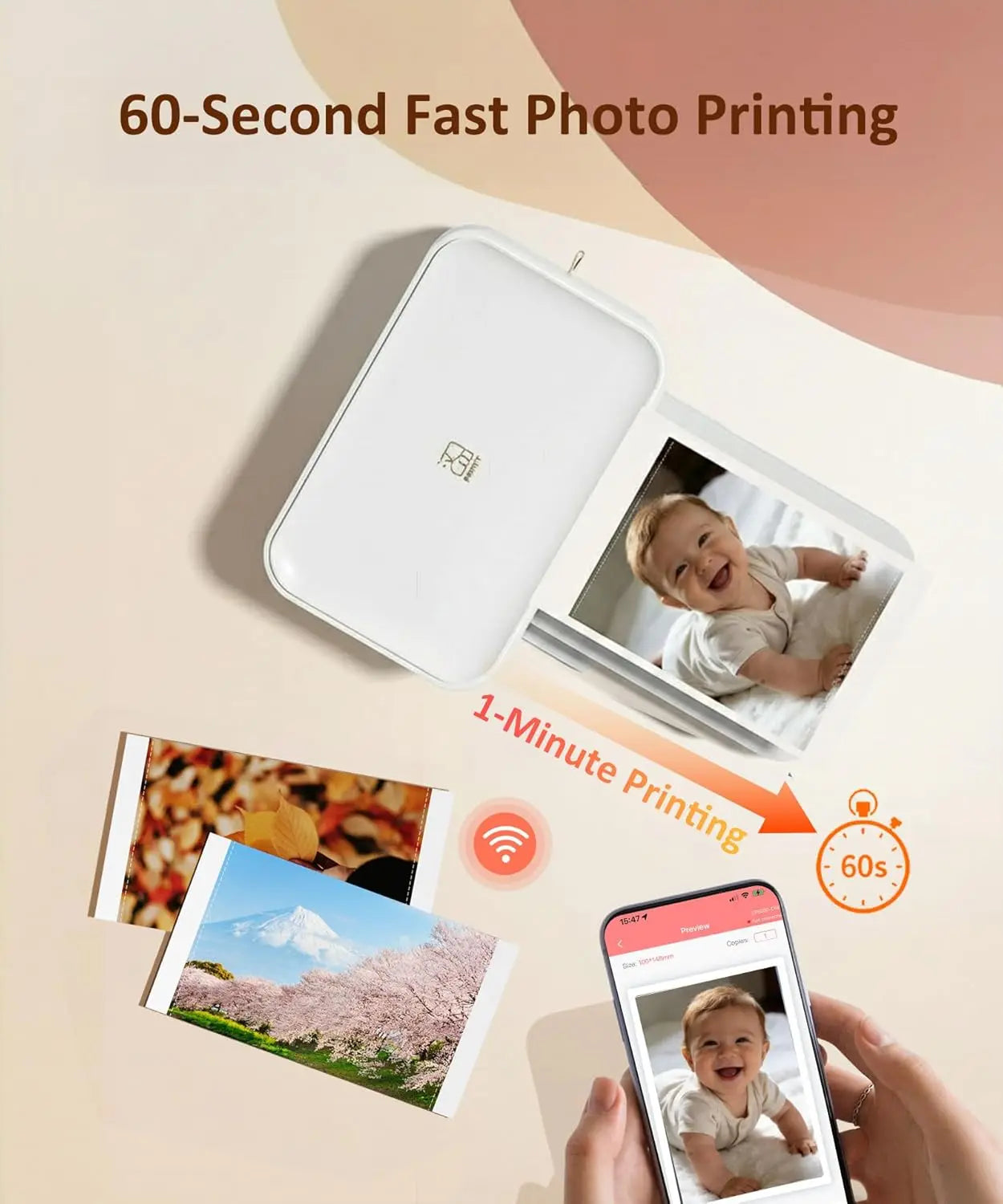4x6 Photo Printer with Wi-Fi, Full-Color Thermal Dye Sublimation, Portable for iPhone/Android, AR Video App, Home Use in White Aurexia off