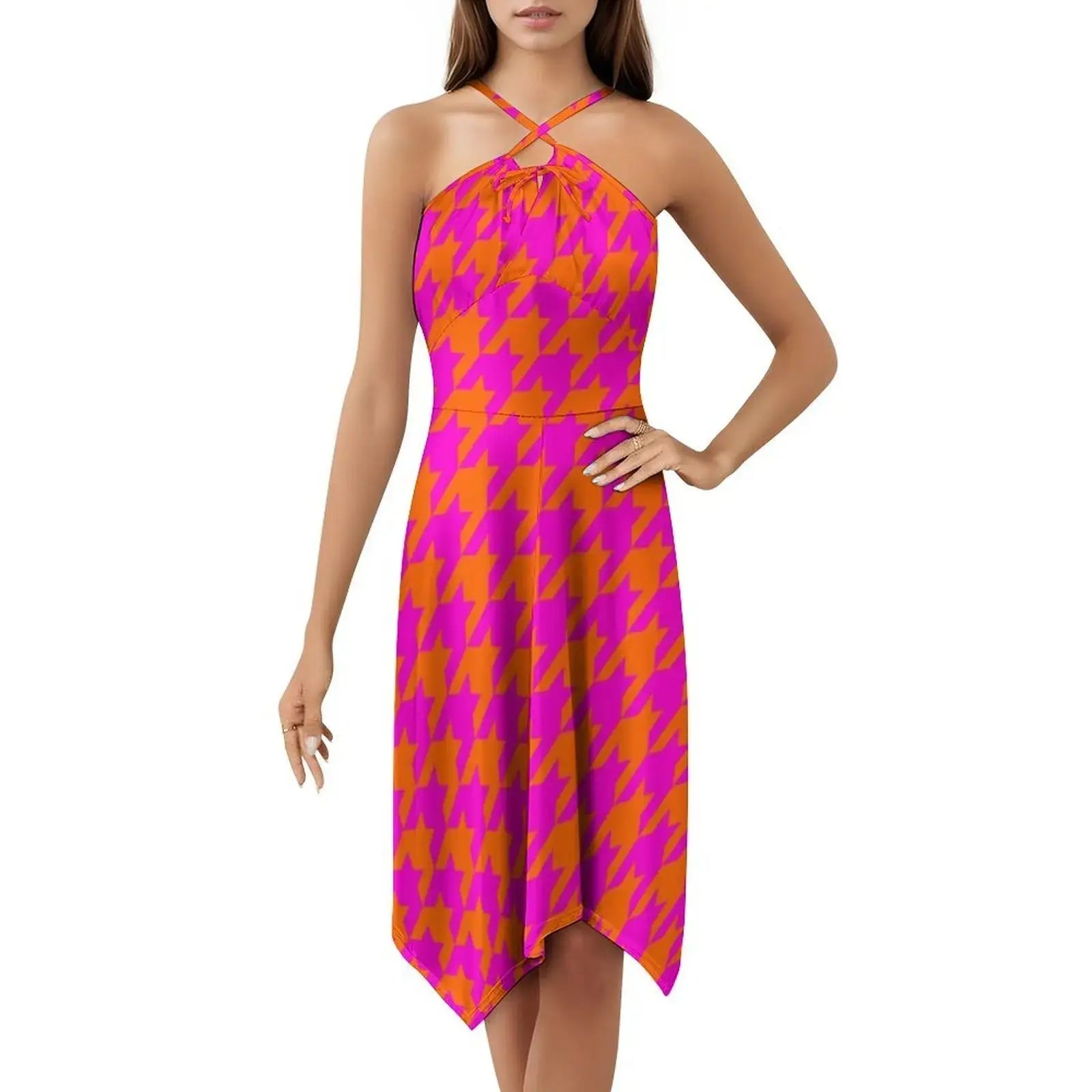Pink & Orange Houndstooth Preppy Style Mini Dress For Women A-Line Loose Fit Casual Day Dress Large Houndstooth Dogstooth Pink Aurexia off