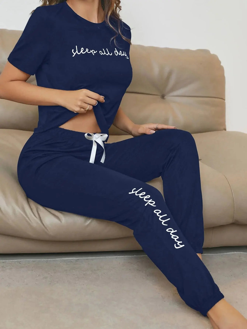 Sleep All Day Slogan Tee And Bow Front Lounge Pants Set Aurexia off