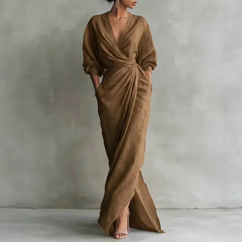 Women's Sexy V Neck Wrap Waist Long Dresses 2026 Spring Casual Solid Slim Bodycon Hips Dress Elegant Long Sleeve Slit Maxi Dress Aurexia off