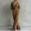 Women's Sexy V Neck Wrap Waist Long Dresses 2026 Spring Casual Solid Slim Bodycon Hips Dress Elegant Long Sleeve Slit Maxi Dress Aurexia off
