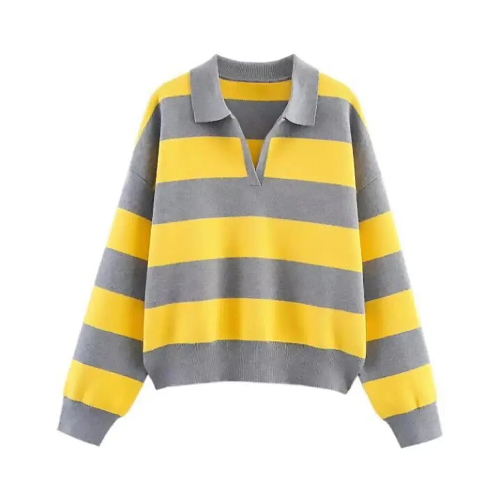 2026 Autumn New Women's Loose Long Sleeve Sweater Solid Color & Bold Stripe Lapel Top Street Fashion Long Sleeve Pullover Aurexia off