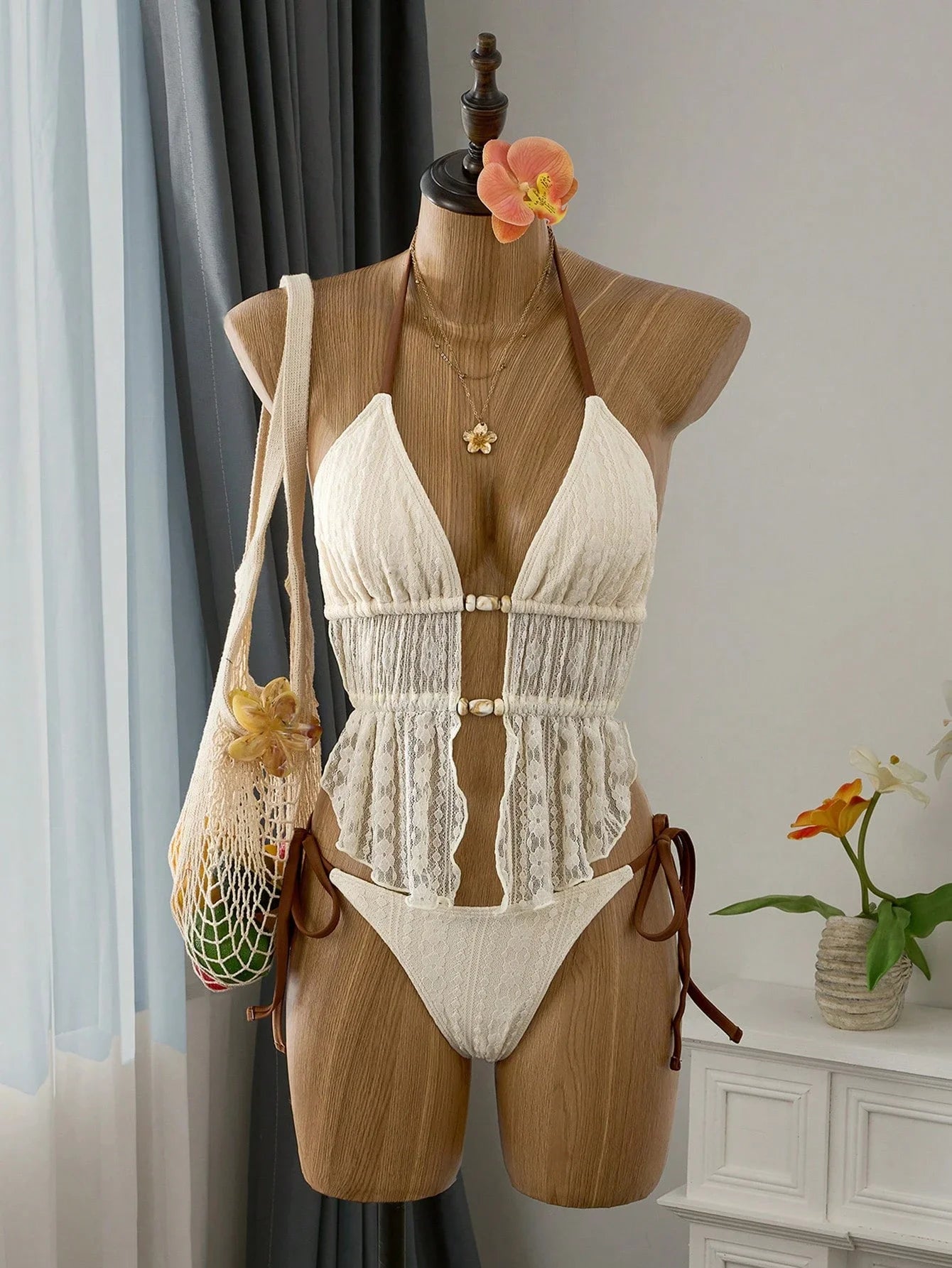 Cream Lace Halter Neck Tankini Set With Beaded Detail And Tie Side Bottoms Aurexia off