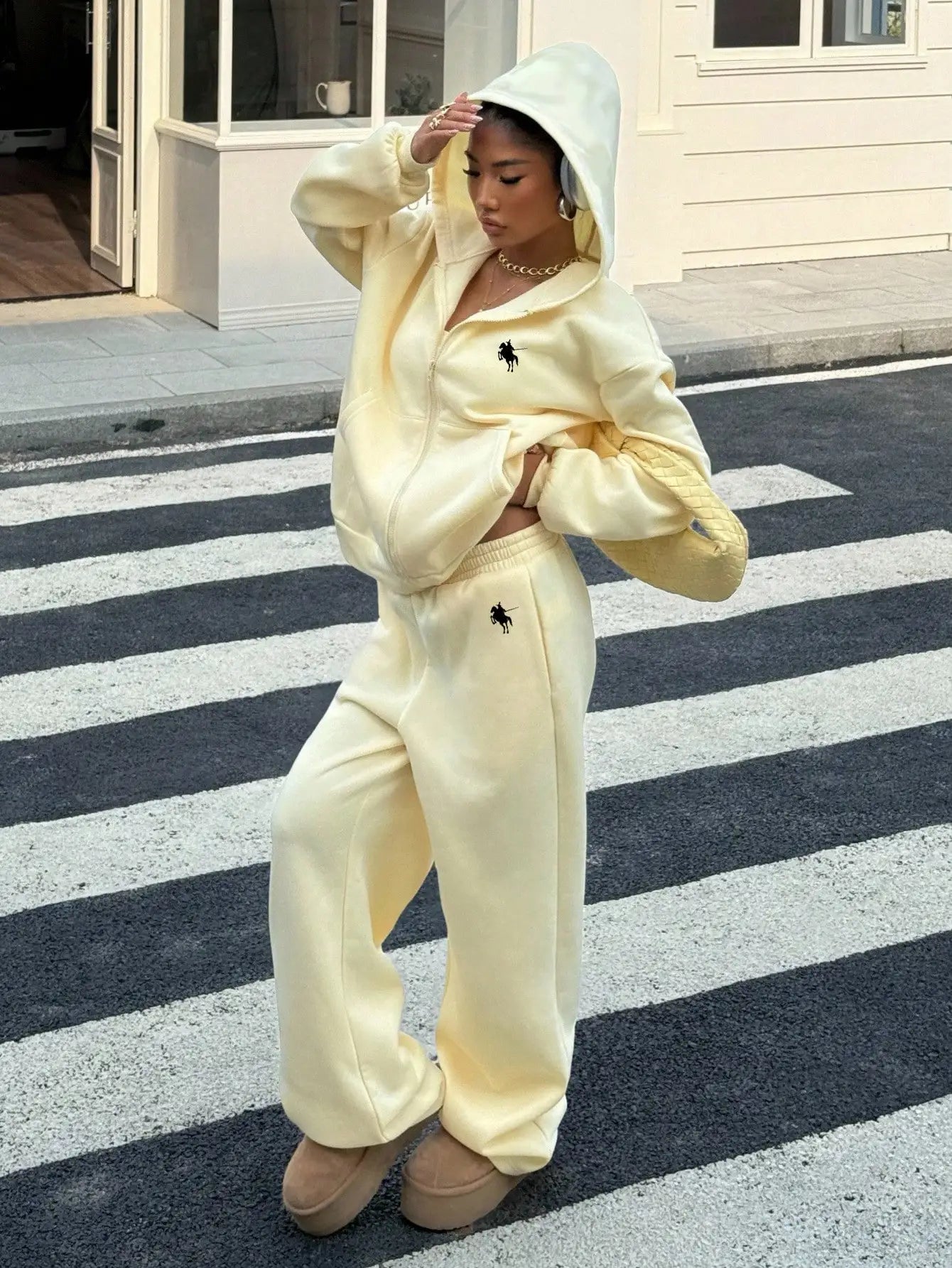 Women's Loose Zip-Up Hooded Sweatshirt And Pants 2 Piece Set Aurexia off