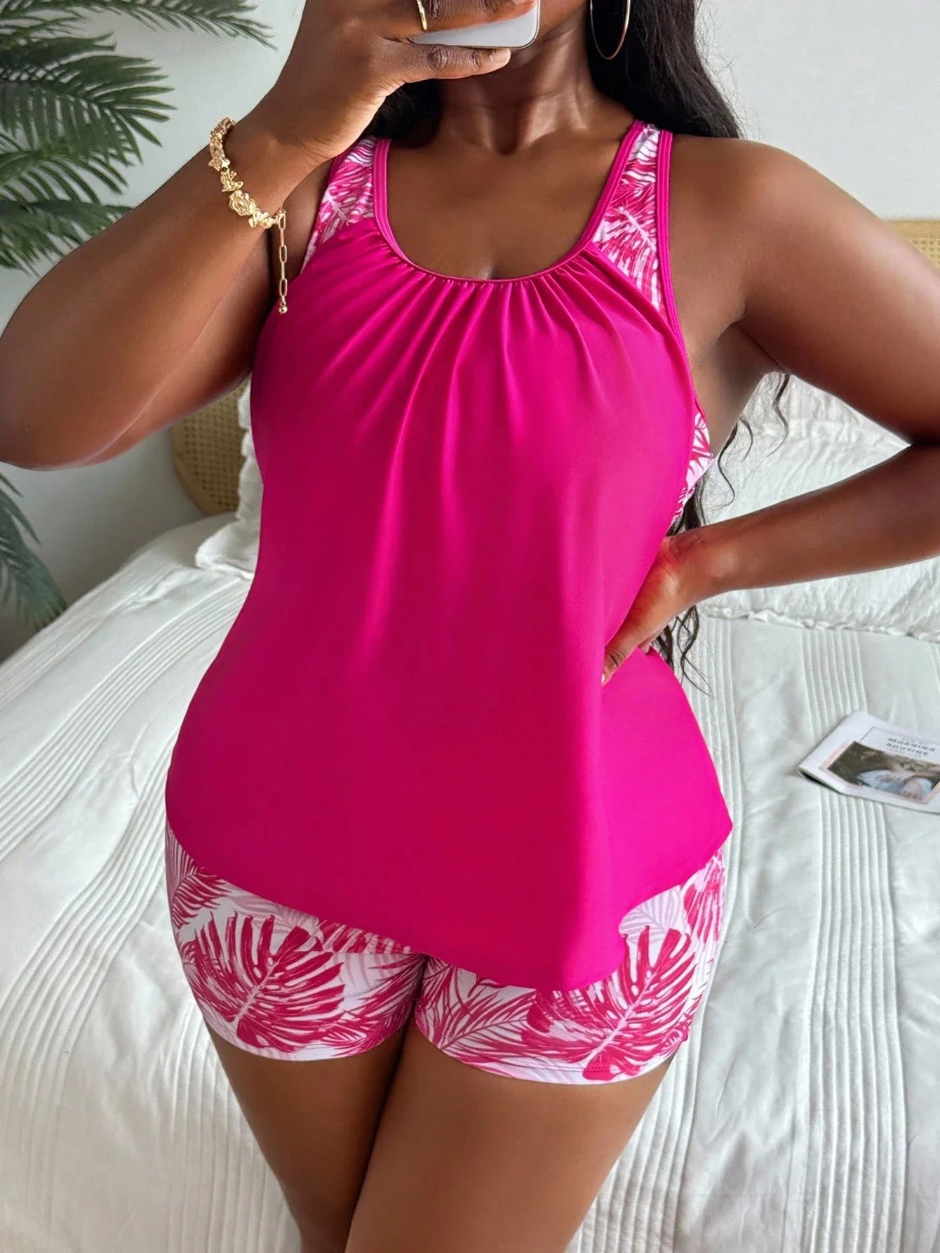 Plus Size Women Tropical Print Tankini Swimsuit Set For Beach Vacation Aurexia off