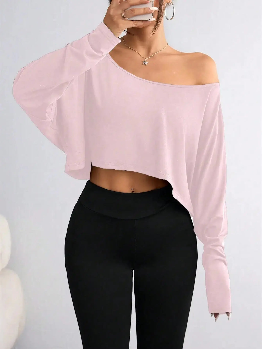 Women Casual Solid Batwing Cropped Off Shoulder T-Shirt Spring Autumn Aurexia off