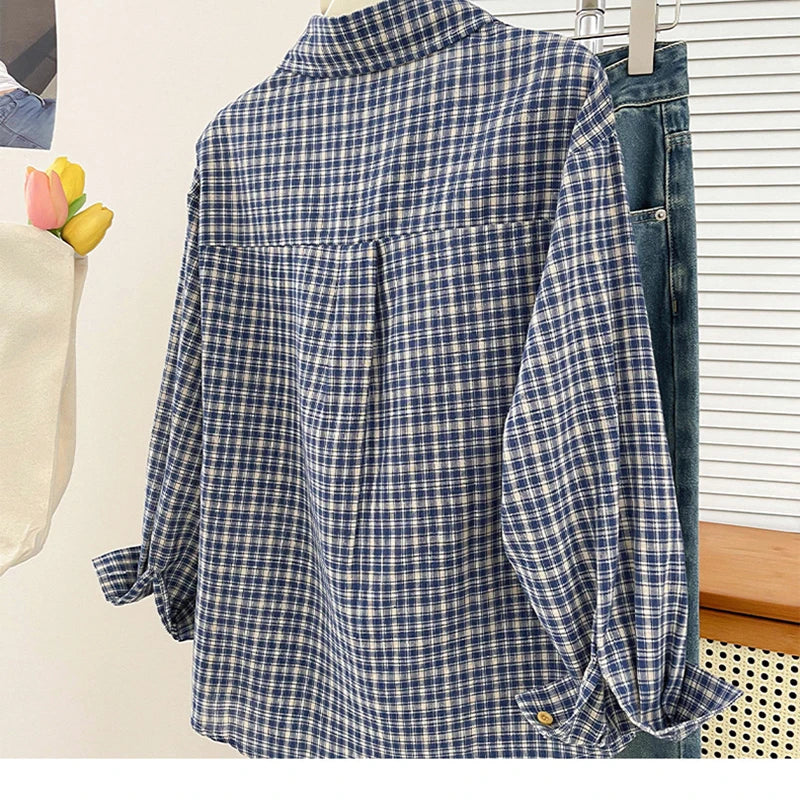 Korean-style Vintage Plaid Shirt New Spring And Autumn Casual Versatile Top Loose And Slimming Versatile College-style Shirt Aurexia off
