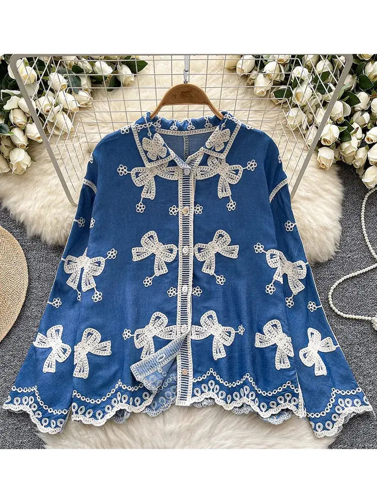Women Spring Shirt Small Niche Retro Embroidered Single Breasted Casual Top Loose Fashionable Long Sleeved Shirt BL121 Aurexia off