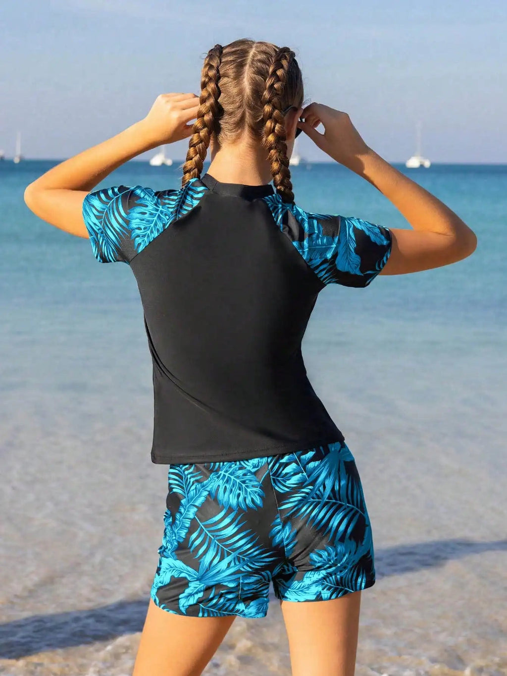 Women's Rash Guard Swimsuit Set With Tropical Leaf Print Blue Black Short Sleeve Top And Shorts Aurexia off