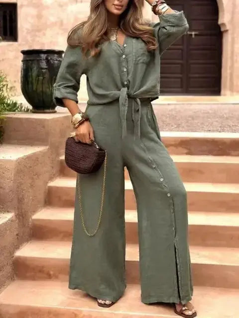 2026 Women's Solid Color Long-Sleeved Pocket Button Top and Wide-Leg Pants 2-Piece Set Aurexia off