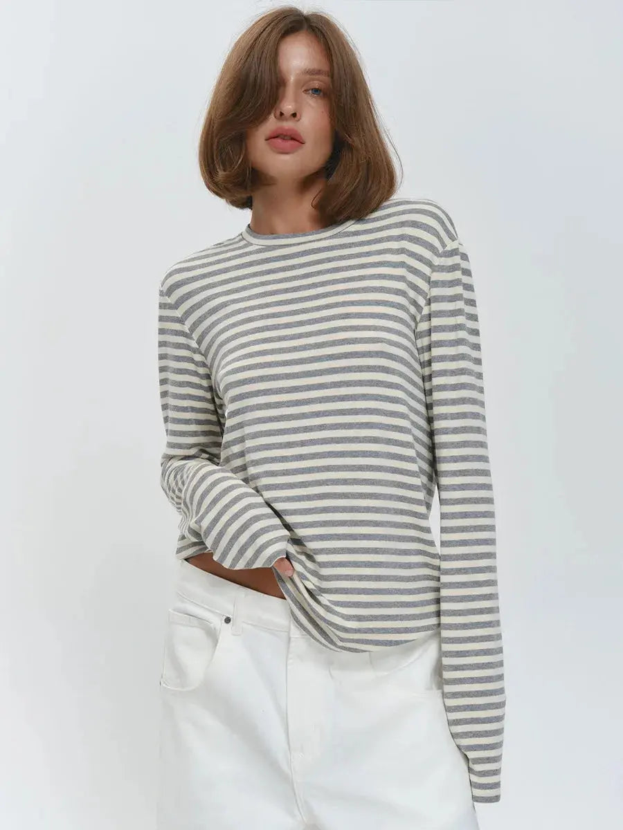 Bornladies Autumn New Fashion Women Cotton Striped Long Sleeve T Shirt Office Casual Simple Round Neck Pullover Tops & Tees Aurexia off