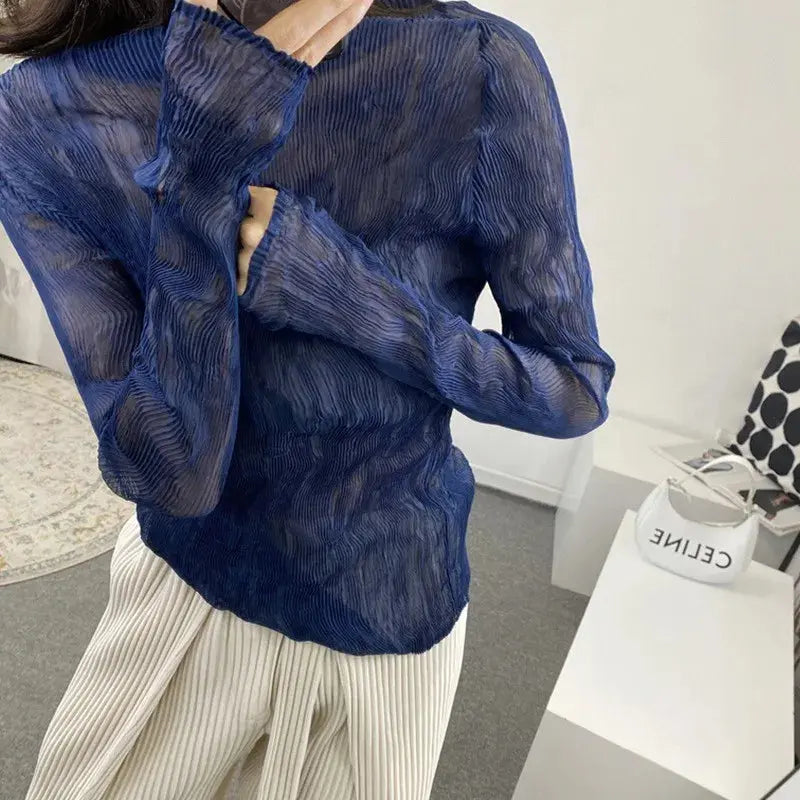Black Pullover Blouse Slim Fit Turtleneck Long Sleeve Blouse Ruffle Pleated Fabric Fitted Blouse Half Turtleneck Sheer Blouse Aurexia off