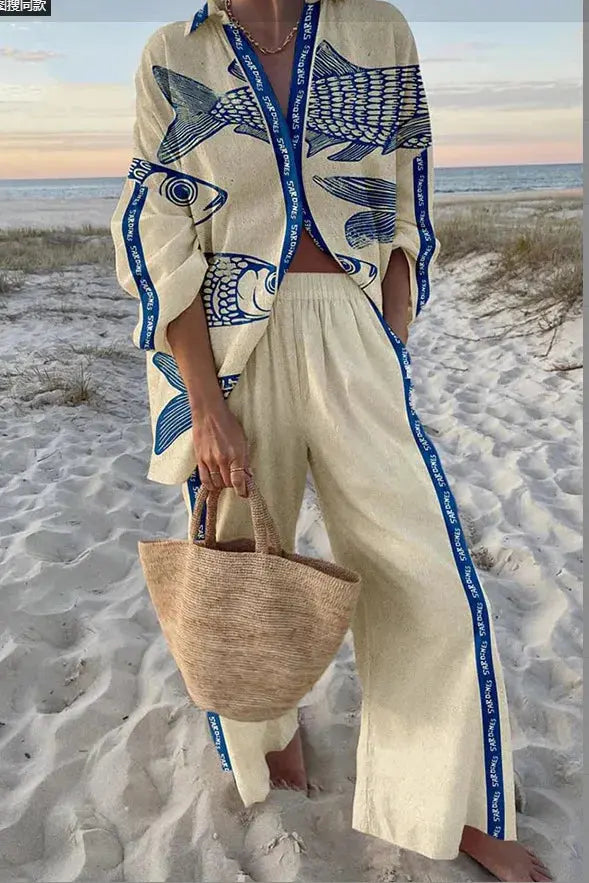Funny Printed Loose Two Piece Set Women Tropical Beach Holiday Outfits 2024 Casual Lapel Button Shirt Wide Leg Pants Sets Aurexia off