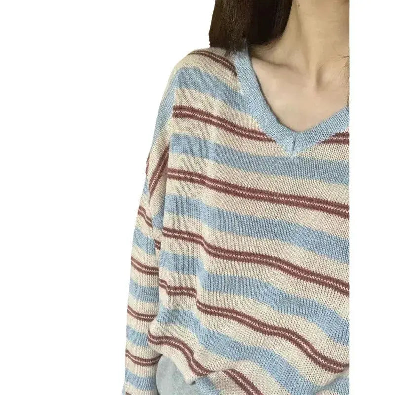 Women's Striped Knit Top, Casual Loose-Fit Long Sleeve Sweater, Lightweight Crew Neck Pullover for Daily Wear Aurexia off