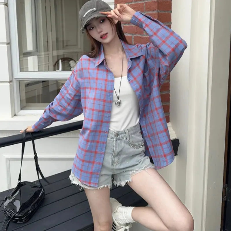 Korean-style Women's Pure Cotton Spring Long-sleeve Plaid Shirt Trendy Fashion Loose Casual College-style Shirt Aurexia off