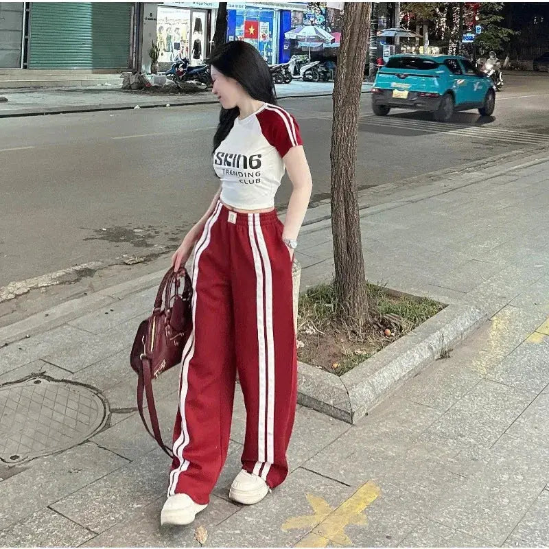 Fashion Suit Women's Summer New Shoulder Sleeves Short-sleeved T-shirt High Waist Wide Leg Pants Street Two-piece Set Aurexia off