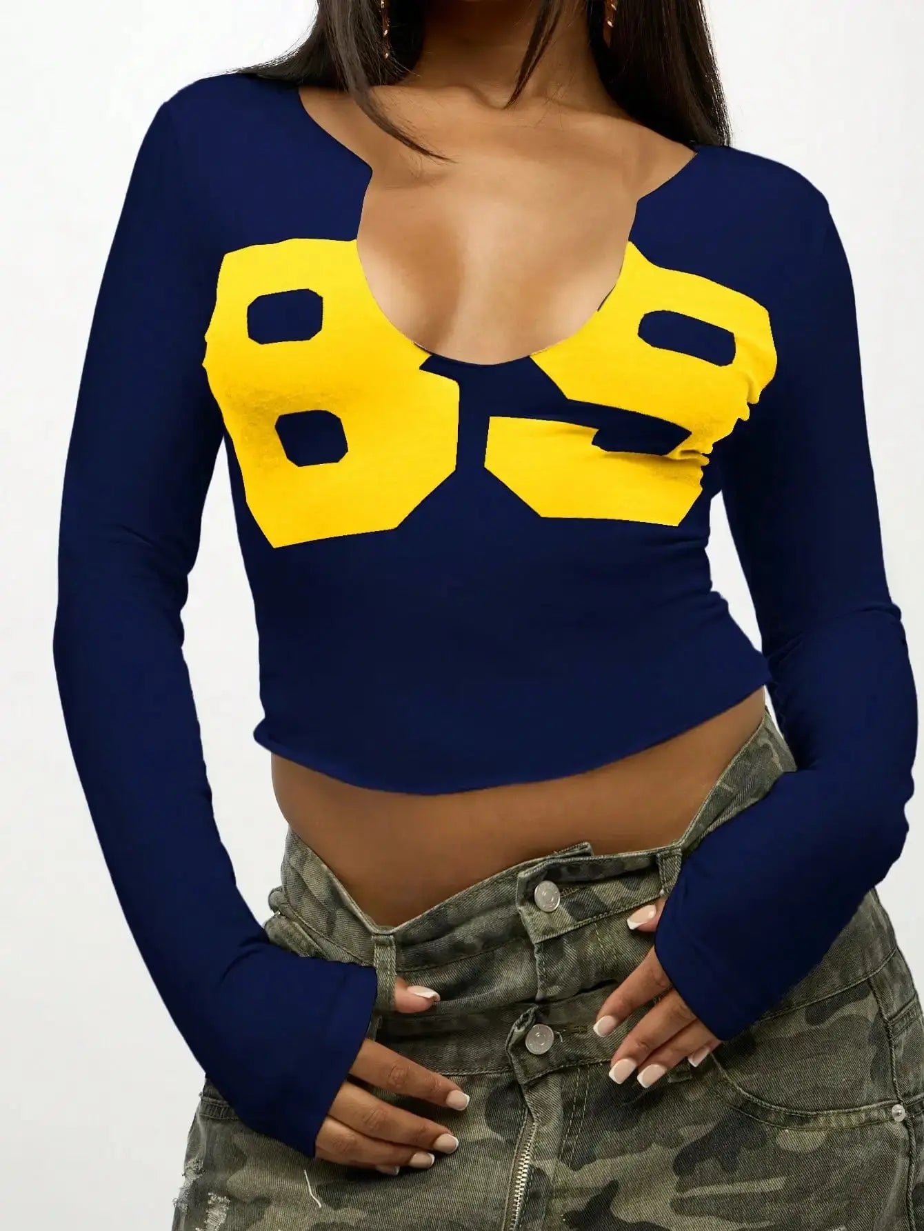 Women Long Sleeve Crop Top Graphic Print V Neck Fitted Cotton Casual Tee Aurexia off