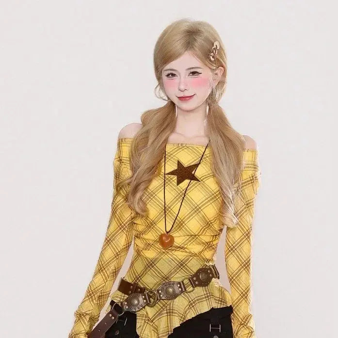 Y2K Plaid Slash Neck Vintage T-Shirt for Women, Grunge Ruffled Bodycon Top, Sexy Fairy Aesthetic Aurexia off