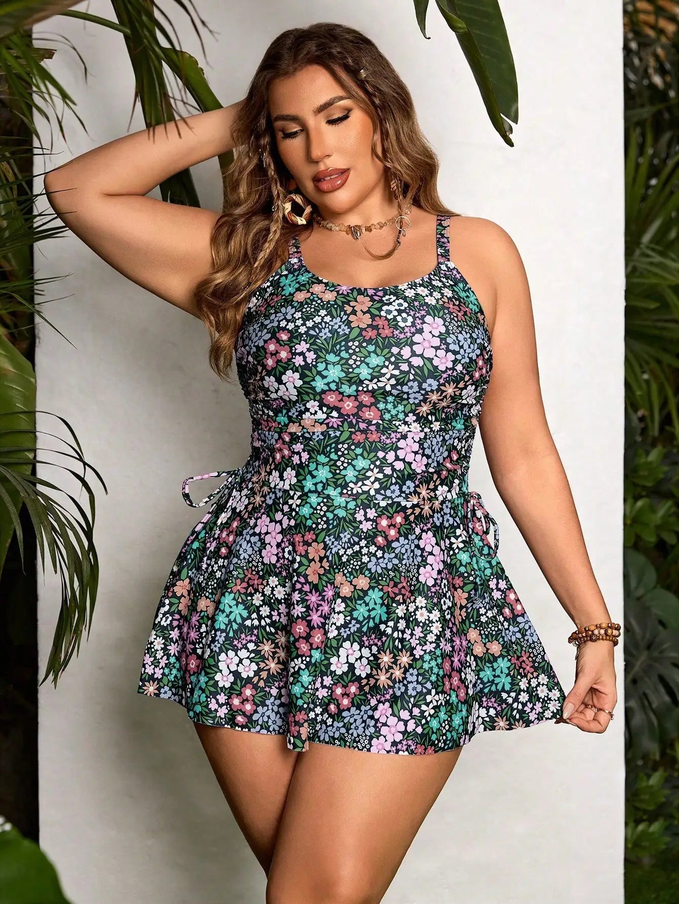 Plus Size Women Summer Floral Print U-Neck Tankini Swimwear With Beach Dress Aurexia off