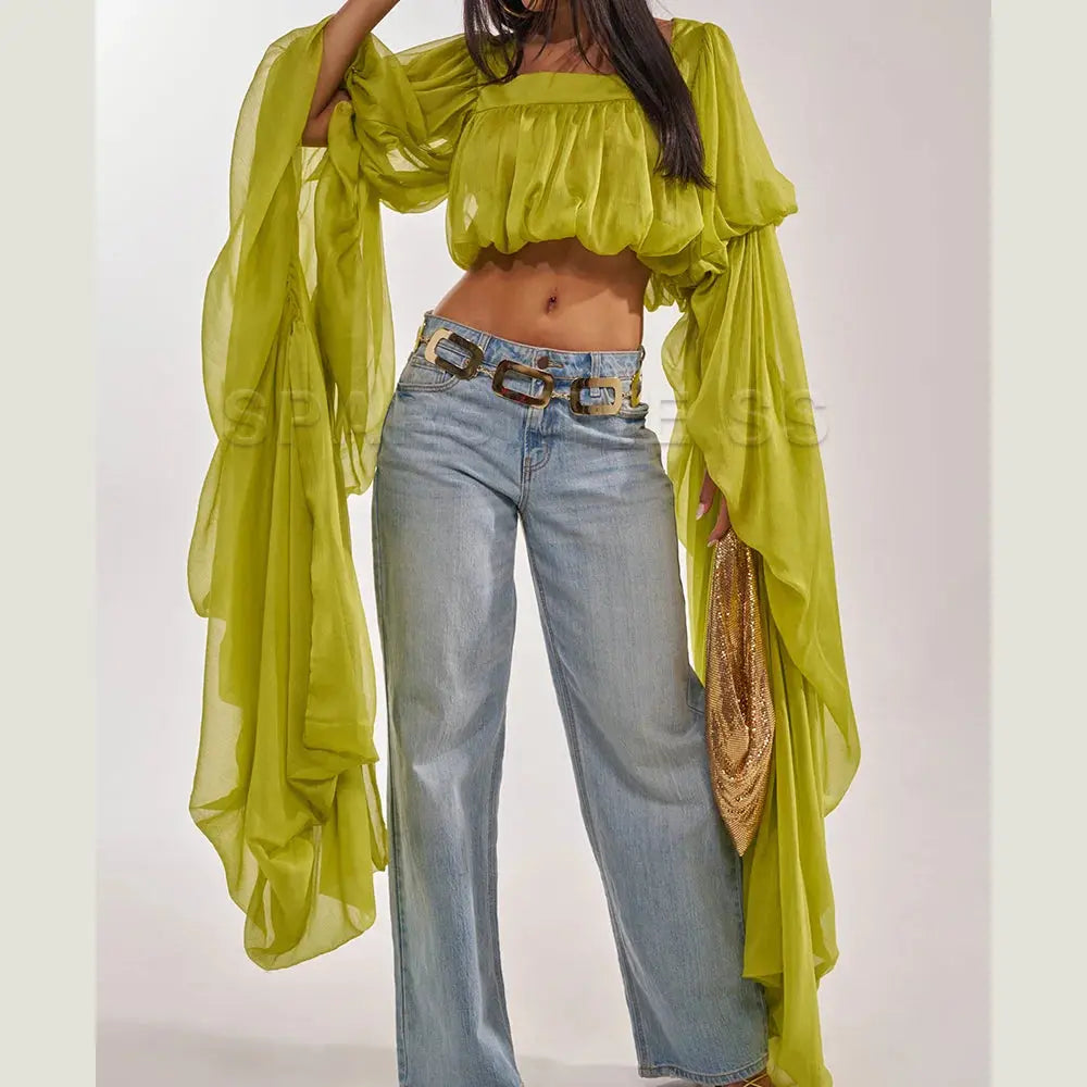 Women Chiffon Crop Top, Puff Long Sleeve Blouse, Square Neck Backless Tie Sheer Shirt for Party Nightclub Aurexia off