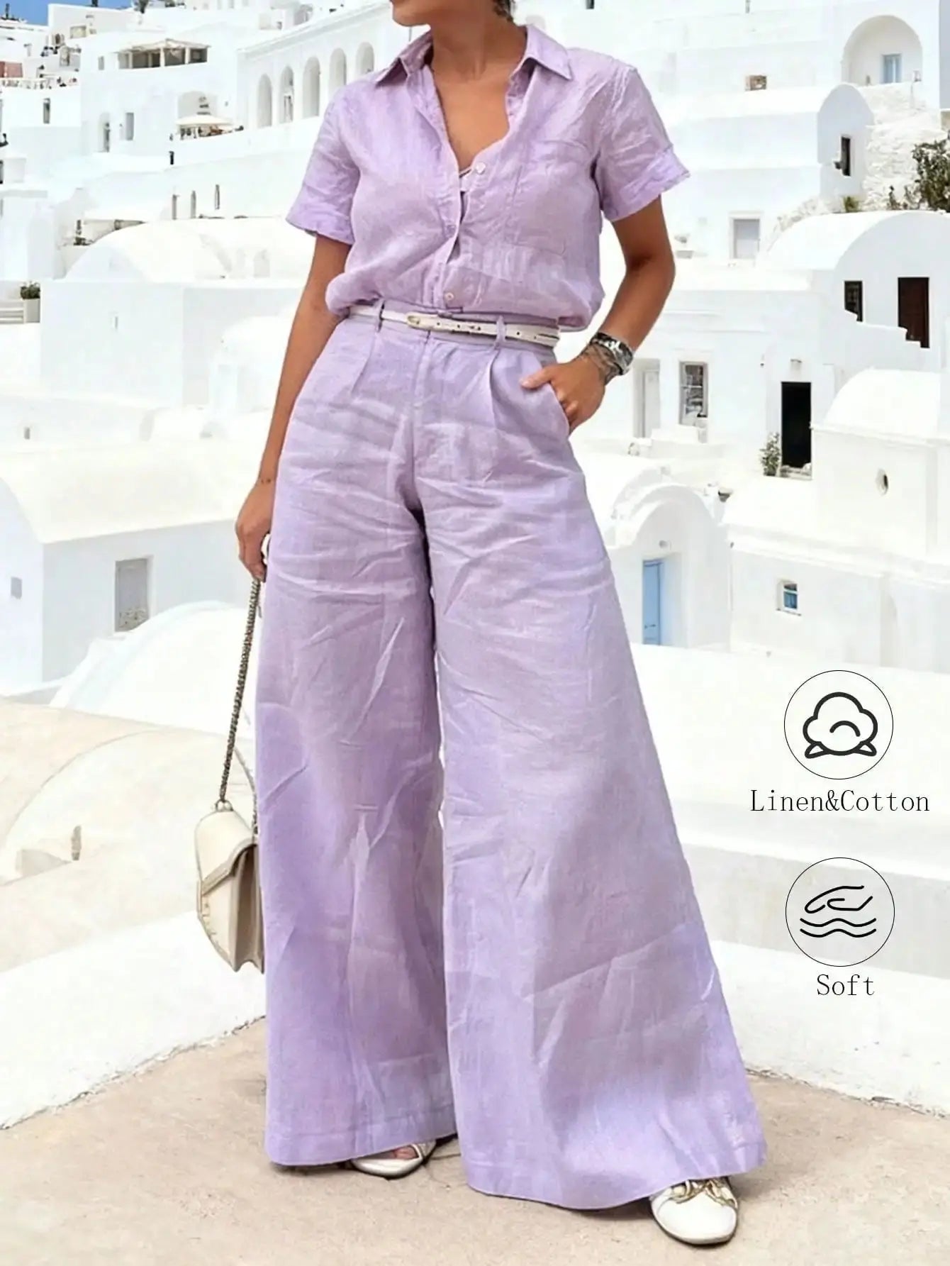 Women's Yellow Collared Short-Sleeve Two-Piece Set - Button-Front Wide-Leg Pants With Belt For Coastal Vacation Aurexia off