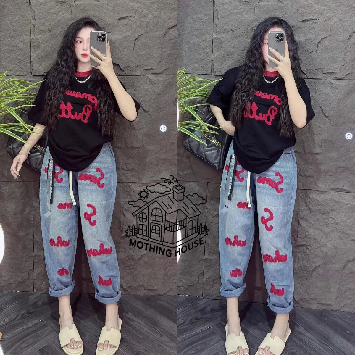 Retro Fashion Suit Women's Summer New Letter Printing Short-sleeved Milk Silk Wide-leg Pants Two-piece Set Aurexia off