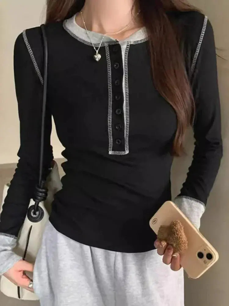 Y2K Patchwork T-Shirt 2025, Contrast Color Grunge Top, Harajuku Bodycon Casual Tee for Women Aurexia off