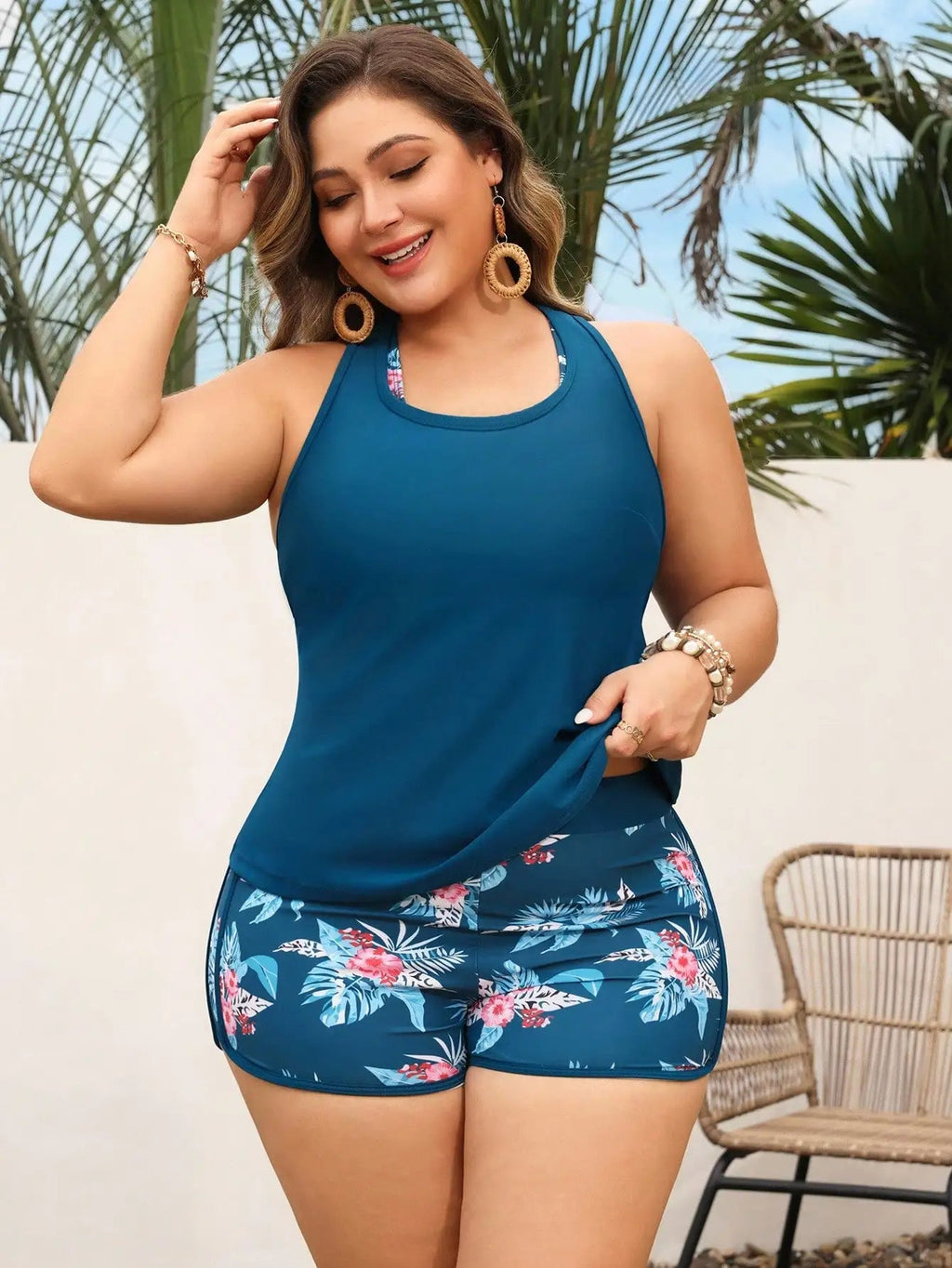 Floral Print Plus Size 3-Piece Swim Set: Racerback Bra Top, High-Waisted Shorts, Sleeveless Cover-Up For Beach And Pool Aurexia off