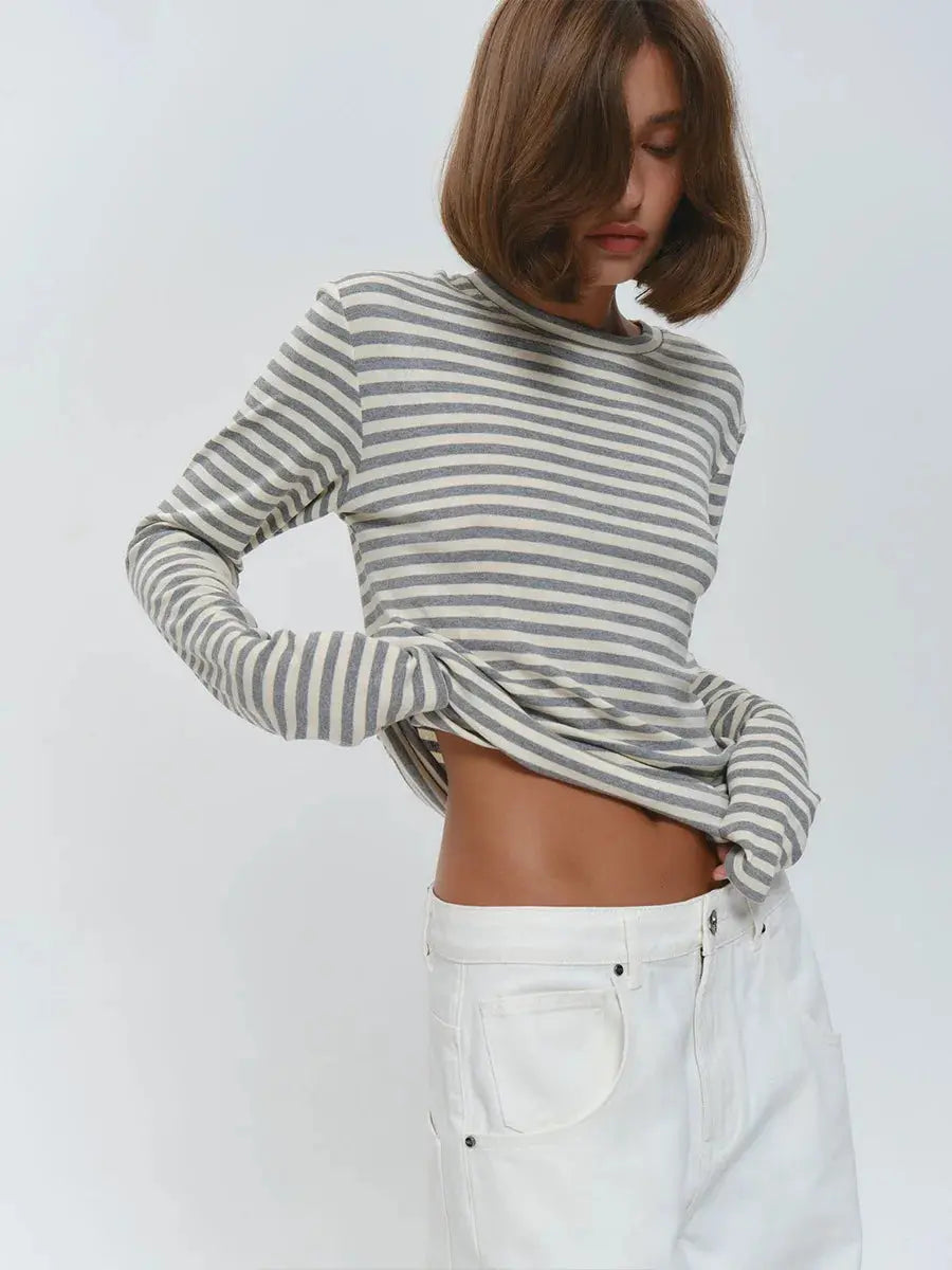 Bornladies Autumn New Fashion Women Cotton Striped Long Sleeve T Shirt Office Casual Simple Round Neck Pullover Tops & Tees Aurexia off