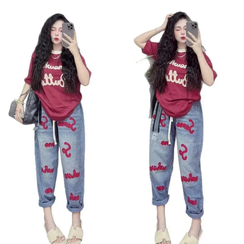 Retro Fashion Suit Women's Summer New Letter Printing Short-sleeved Milk Silk Wide-leg Pants Two-piece Set Aurexia off