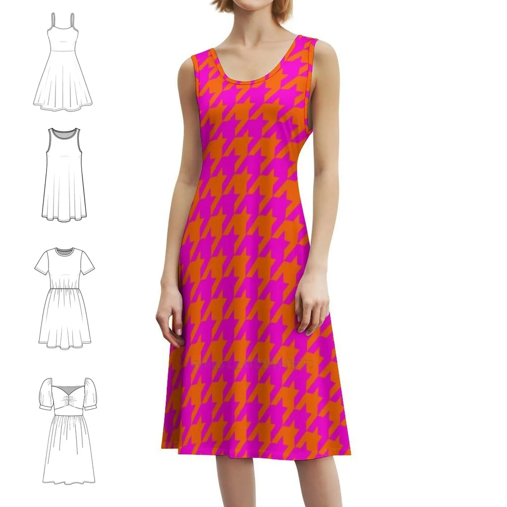 Pink & Orange Houndstooth Preppy Style Mini Dress For Women A-Line Loose Fit Casual Day Dress Large Houndstooth Dogstooth Pink Aurexia off