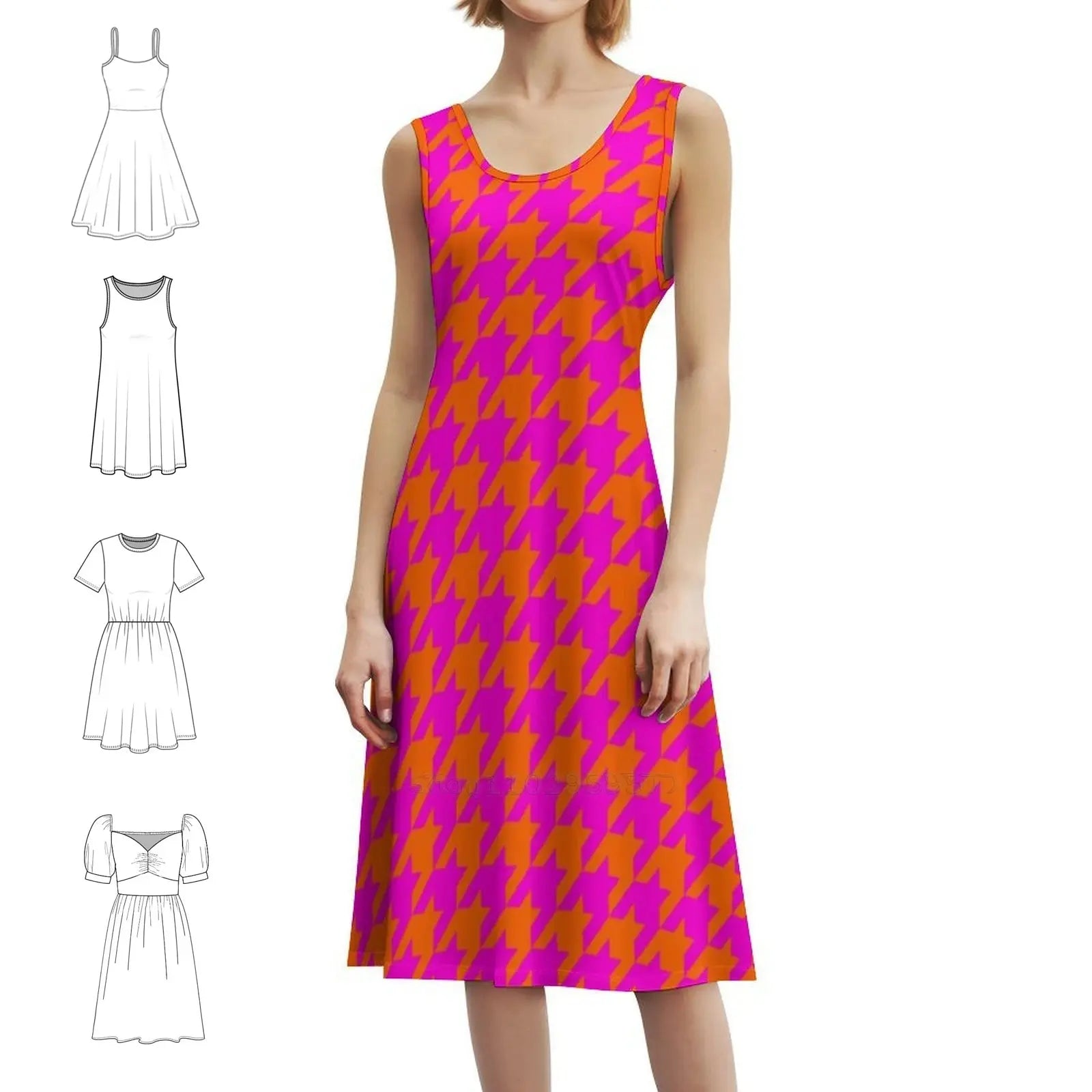 Pink & Orange Houndstooth Preppy Style Mini Dress For Women A-Line Loose Fit Casual Day Dress Large Houndstooth Dogstooth Pink Aurexia off