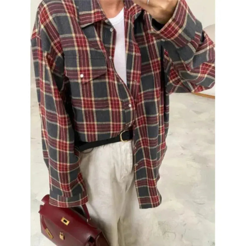 Women's Pink & Grey Plaid Flannel Shirt Button Down, Long Sleeve, Casual Streetwear Blouse for Layering Aurexia off