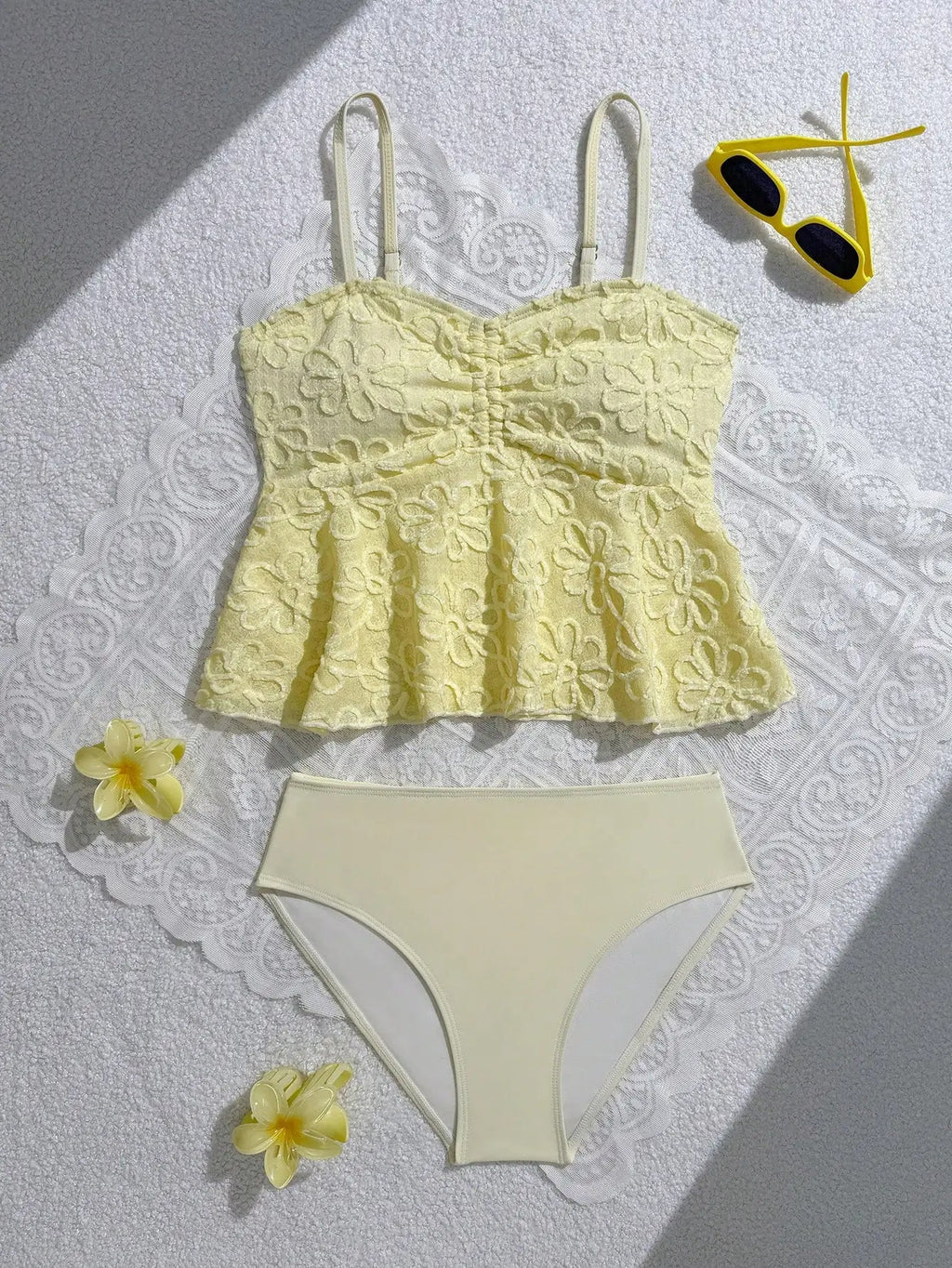Blue Floral Tankini Set With Halter Neck And Ruffle Hem For Women Aurexia off