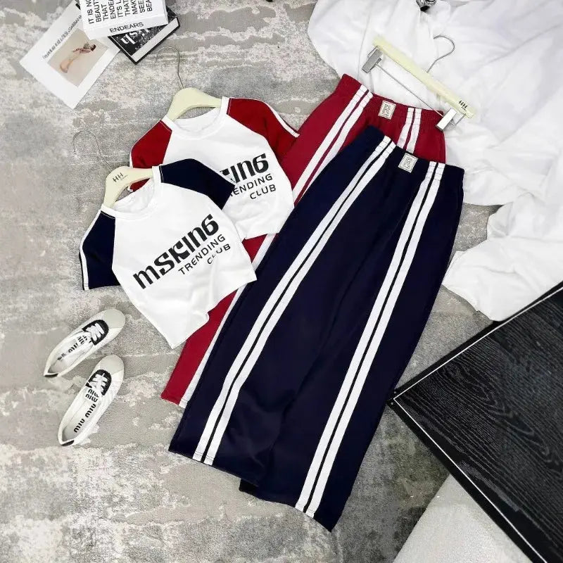 Fashion Suit Women's Summer New Shoulder Sleeves Short-sleeved T-shirt High Waist Wide Leg Pants Street Two-piece Set Aurexia off