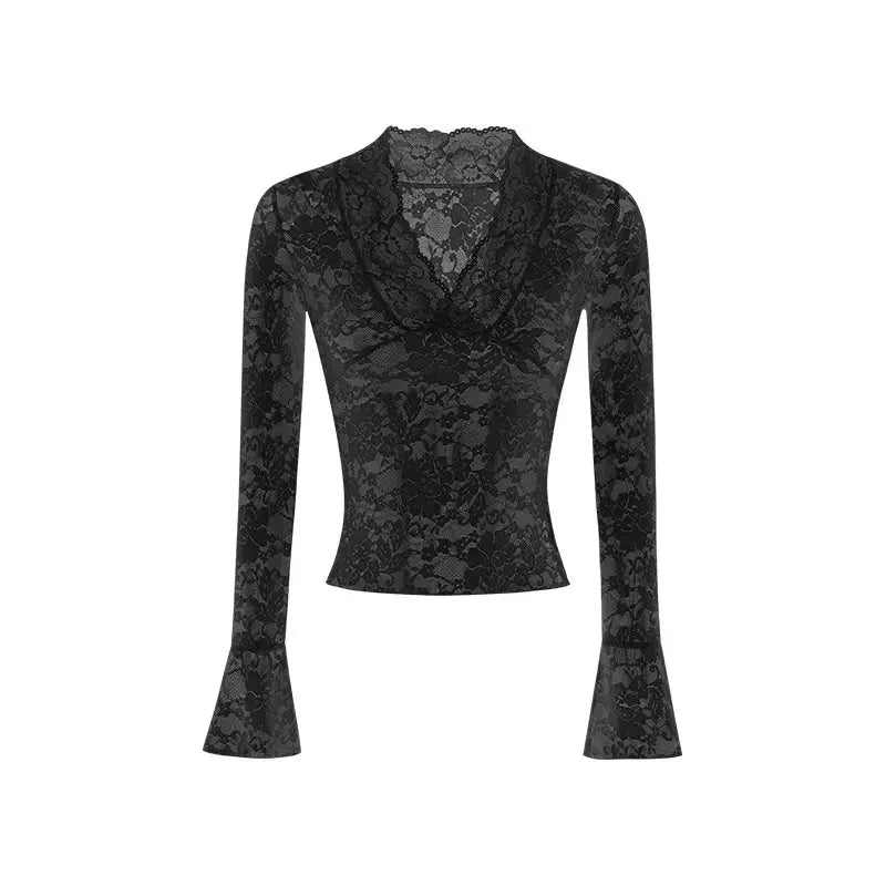 2026 Spring Sexy V-neck Lace Long Sleeved T-shirt Fashionable Women's Waist Cinching Slimming Fit Pullover Casual Club Outfit Aurexia off